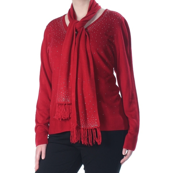 KAREN SCOTT Womens Red Embellished & Scarf Long Sleeve Sweater Plus Size: 1X