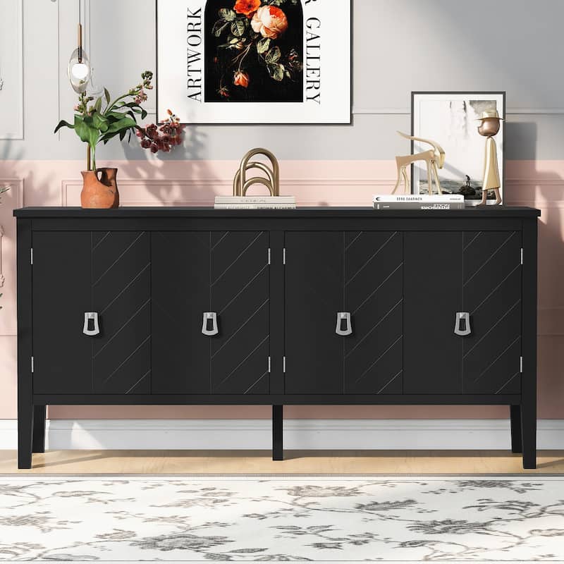 63-Inch Four-Door Sideboard - Geometric Patterned Design with Vintage Metal Handles, Narrow Entryway Table for Living Room