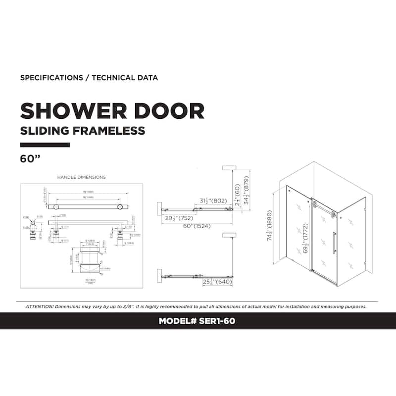 Fine Fixtures Frameless Shower Enclosure Sliding Shower Glass Door - Tempered Glass