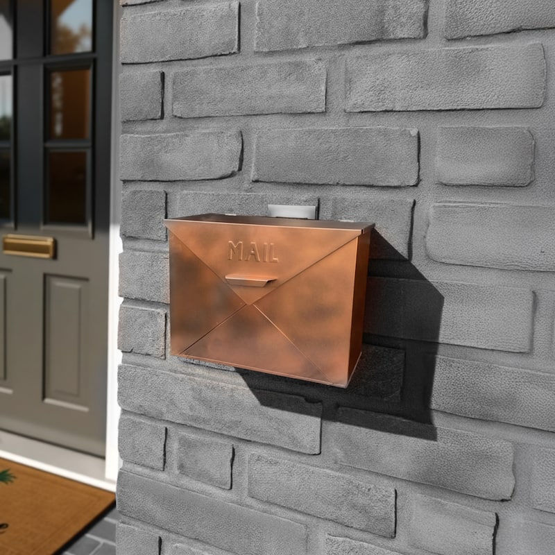 Spacious Envelope Shaped Wall Mount Iron Mail Box, Copper Finish