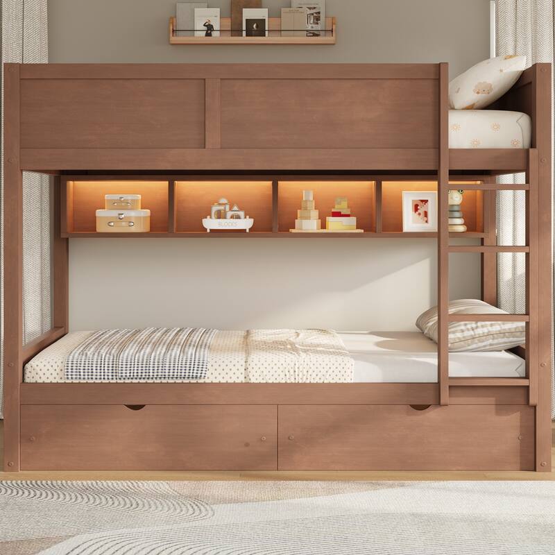 Roomfitters Full XL Over Full XL Bunk Bed with Storage Cabinets, LED Light and Drawers