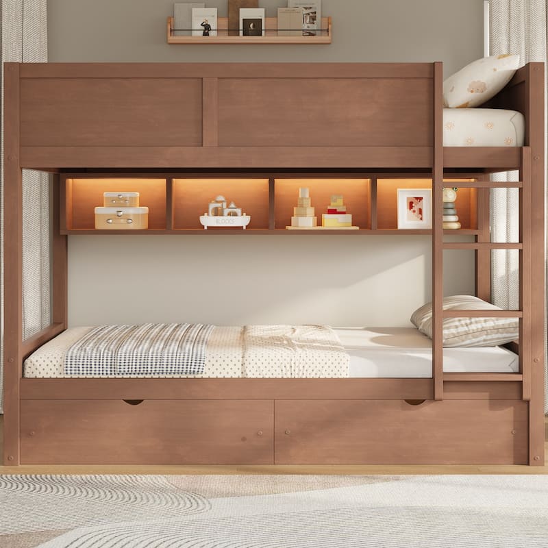 Wooden Full XL Over Full XL Bunk Bed with Storage Cabinets Built-in LED Lighting and 2 Pull-out Storage Drawers