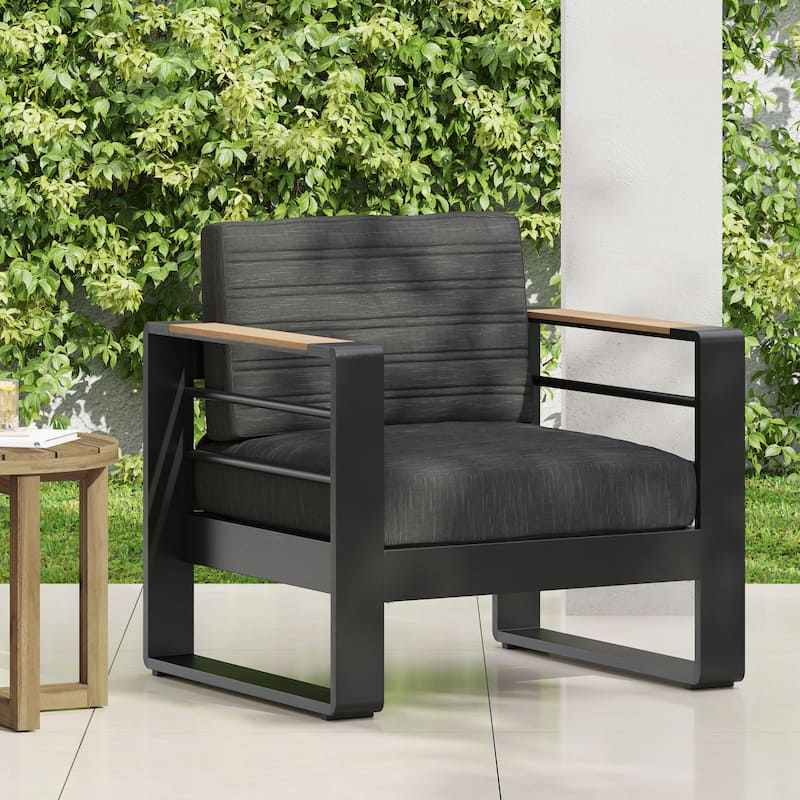 Roomfitters Modern Outdoor Club Chairs with Wood Arm Accents, Deep Cushioned Lounge