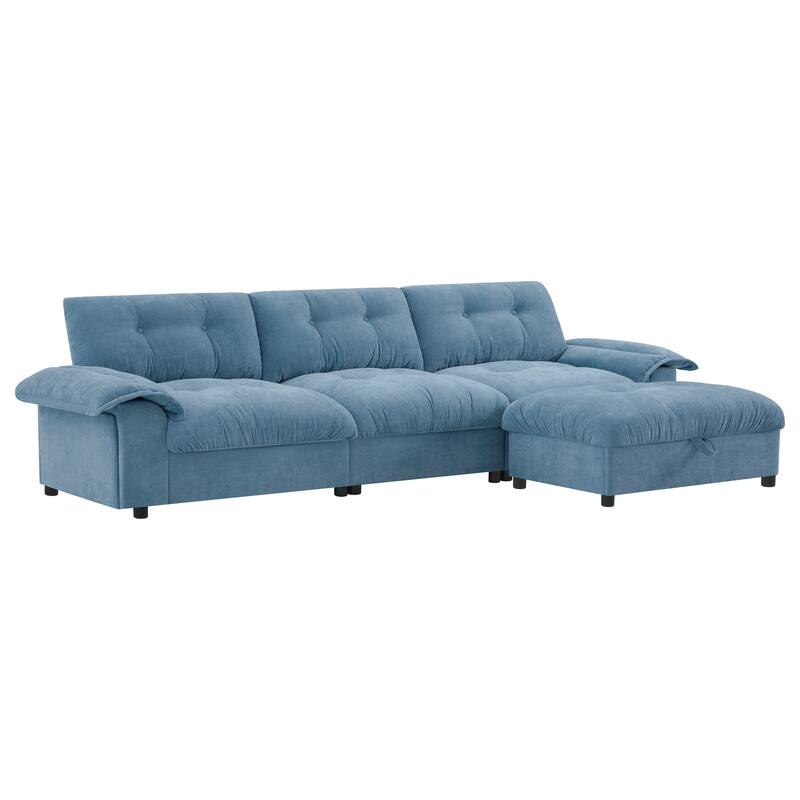 Chenille Tufted L-Shape Sectional Sofa with Storage Ottoman, Pockets and All-in-one Armrest with Dual-Port Charging, Cup Holder