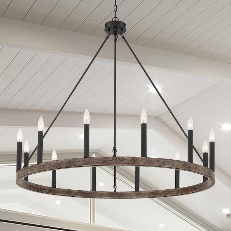 Acroma 12-light Farmhouse 40In Wagon Wheel Chandelier with UL - 40'' D x 138'' H - Weathered Walnut