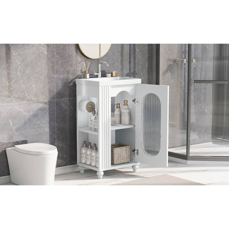 Small Bathroom Vanity with Sink, Wood Bathroom Cabinet with Glass Door, Single Basin Vanity Set with Two-Tier Shelf