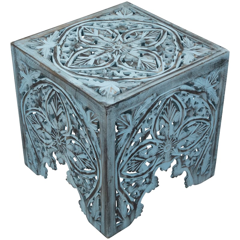 Set of 2 Antique Blue Square Stackable Nesting Side Table Stool 16"