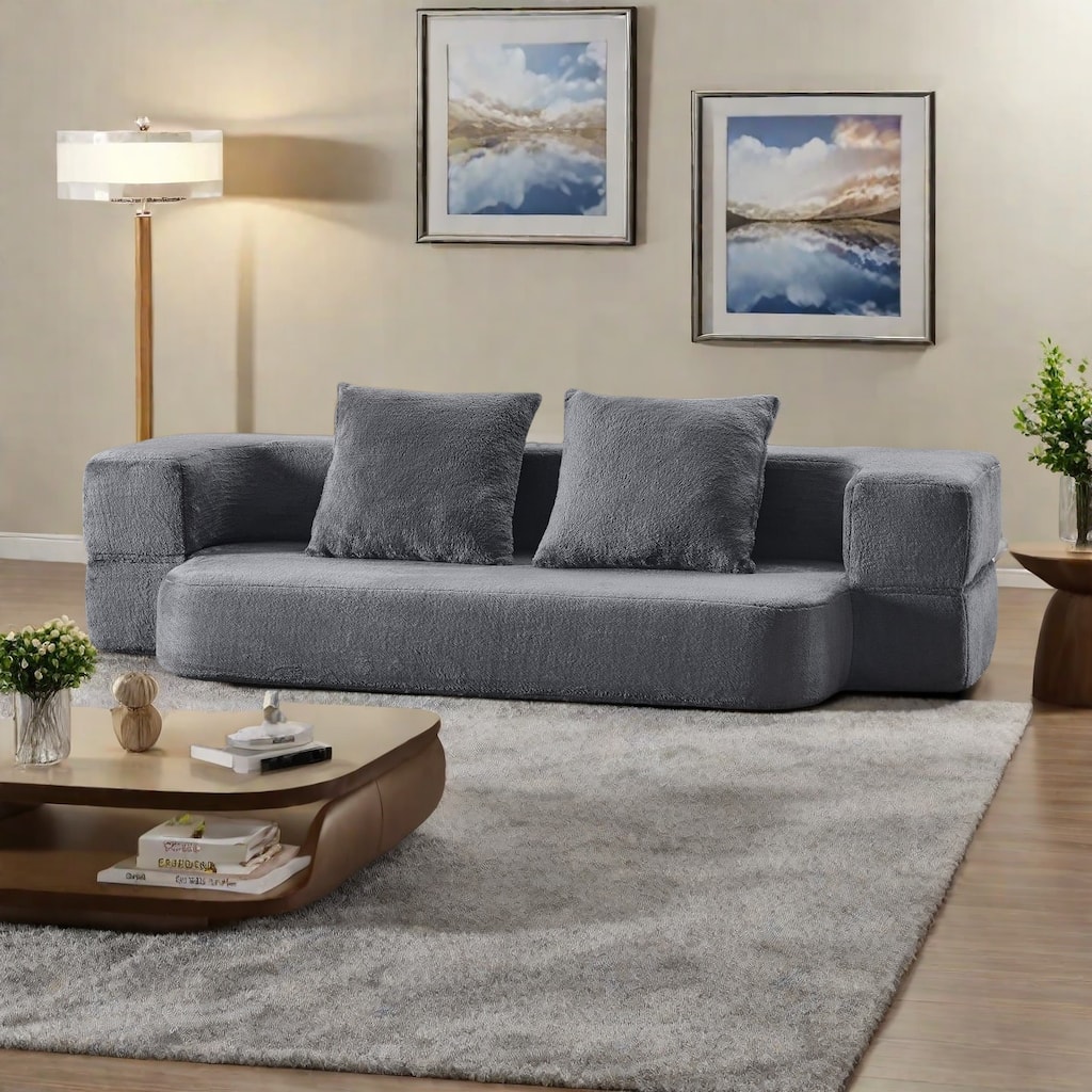 74.81" faux fur Multi-Functional 3-in-1 Floor 3-Seater Sofa - Converts to Bed and Mattress with High-Density Memory Sponge