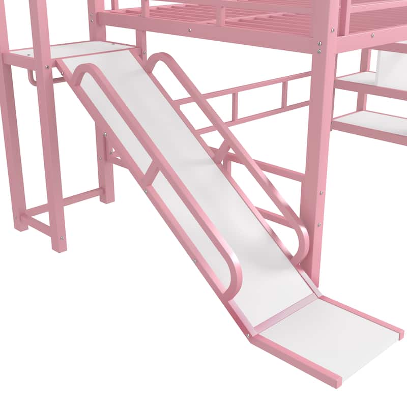 Fun Play House-shaped Loft Bed Metal Bed Frame with Grid and Shelves