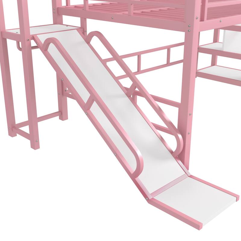 Roomfitters House Loft Bed with Slide and Stairs, Metal Playhouse Frame with Storage Shelves