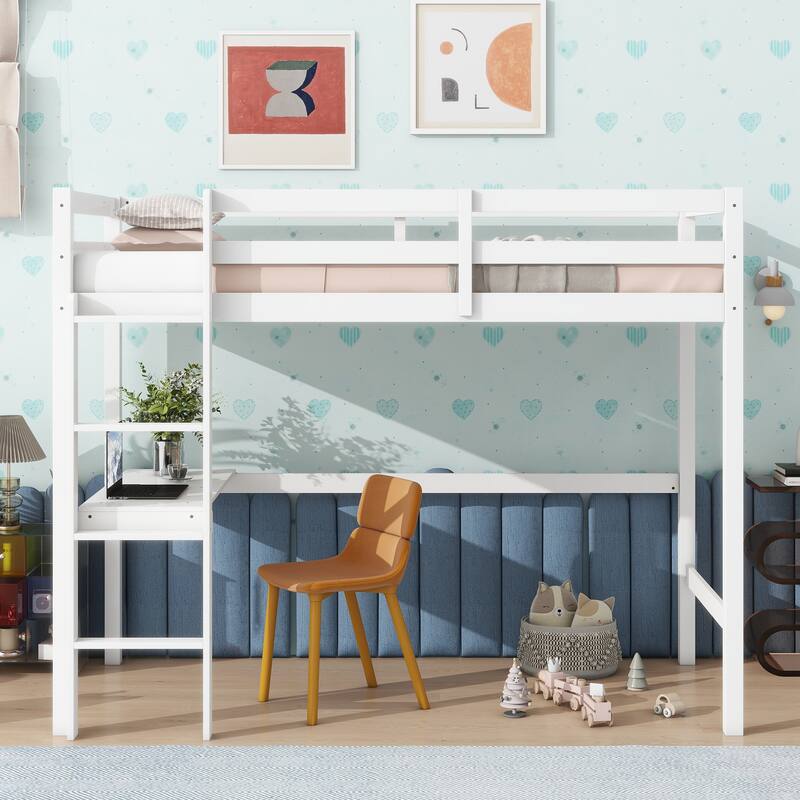 Twin High Loft Bed with Built-in Desk, Safety Guardrail, and Ladder, White - White