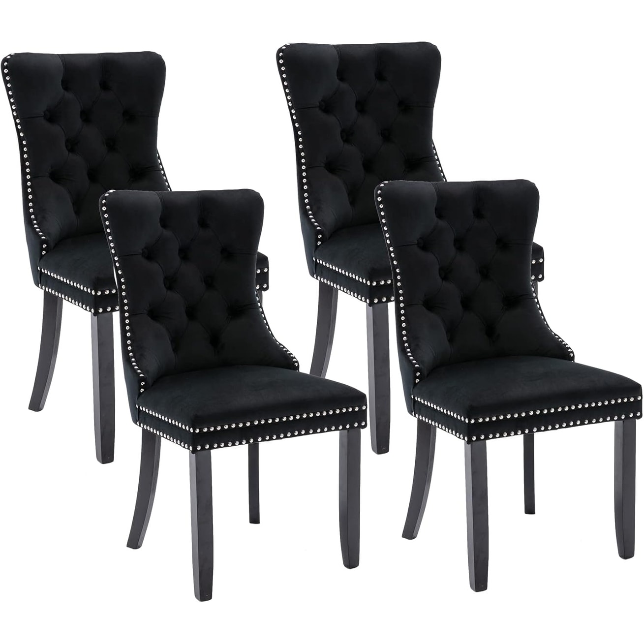 Set of 4 Black Velvet Upholstered Dining Chairs with Nailhead Trim and Ring Pull Design