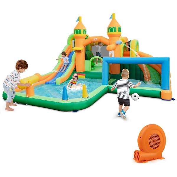 slide 2 of 9, Multicolor 750W Blower Kids Inflatable Water Slide with Soccer Gate Ideal for Outdoor Play - 186" x 173" x 100.5" (L x W x H) Multicolor