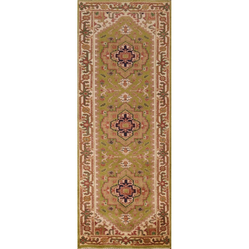 Green Geometric Heriz Serapi Indian Runner Rug Handmade Wool Carpet - 2'6" x 8'1"