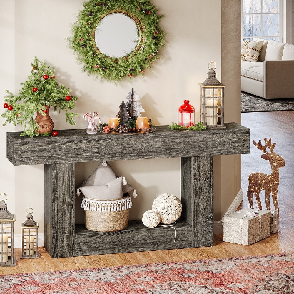 Farmhouse 63-Inch Long Console Table, 2-Tier Entryway Table Sofa Table with Storage