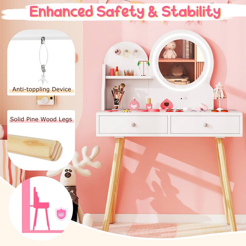 Gymax Kids Vanity Set w/ Lighted Mirror Princess Makeup Dressing Desk
