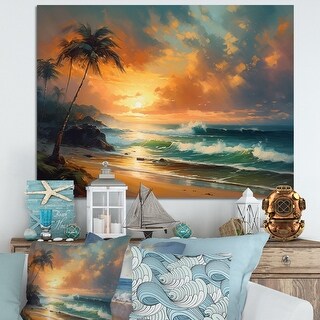 Designart "Orange And Blue Coastal Escapes Ii" Beach Canvas Print - Bed