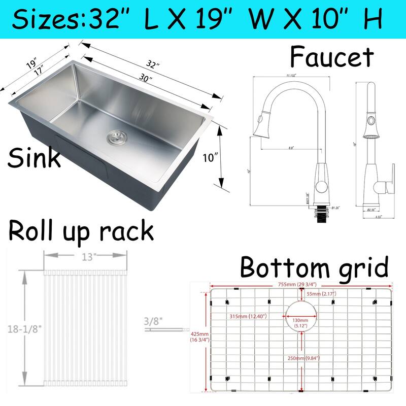 CB HOME 32'' Undermount Kitchen Sink with Gold/Black Kitchen Faucet Combo, Drop in Gold Kitchen Sink with Grid&Roll Up Dish Rack