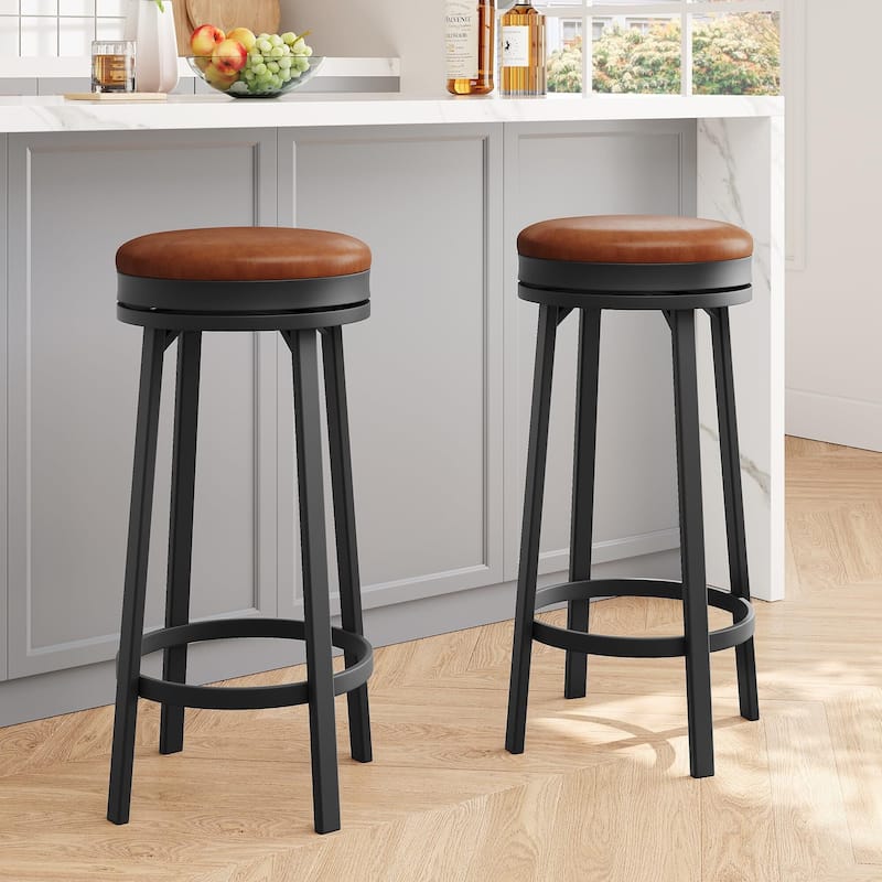 30'' Swivel Bar Stools Set of 4, Counter Height Bar Stools with Footrest，Backless Round Design with Waterproof - Brown - 2-Piece