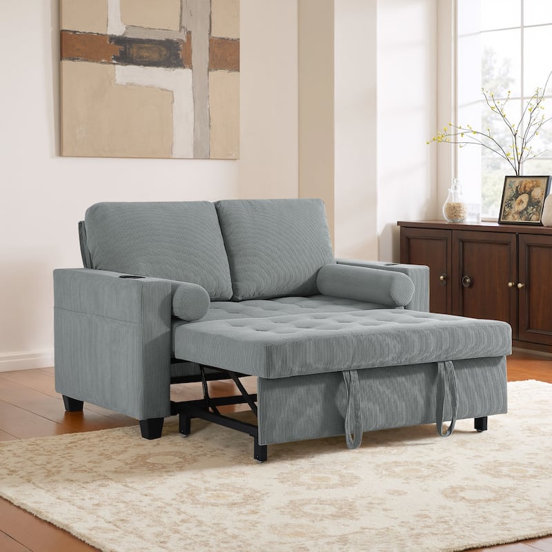 Corduroy Convertible Loveseat Sofa Bed Recliner with Cup Holder, USB Ports & Storage