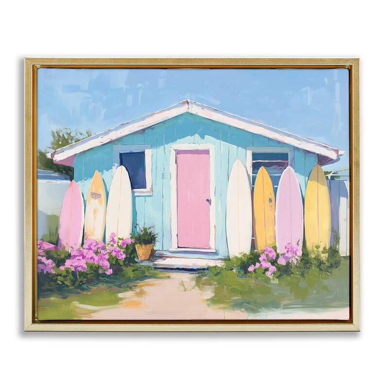Stupell Cabin with Pastel Surfboards Framed Floater Canvas Wall Art Design By Arlington Prints - 21 x 17 - Gold