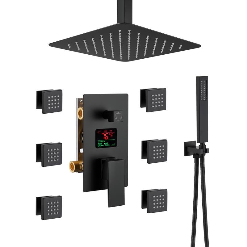 3 Functions Wall Mount Shower System Luxury Black Digital Display Shower Faucet - Black