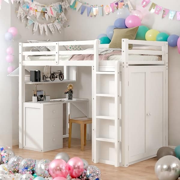 slide 2 of 58, Elegant Twin size Loft Bed with Drawers, Desk and Wardrobe, Health and Comfort, Sturdy Construction & Safety Guaranteed, White White