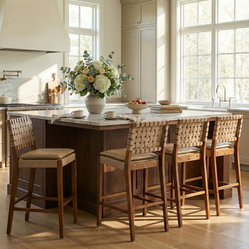 Christopher Knight Home - Rieti Industrial-Inspired Barstool Set with Crossback PU Upholstery and Wooden Frame - Set of 4 - Light Brown,Walnut