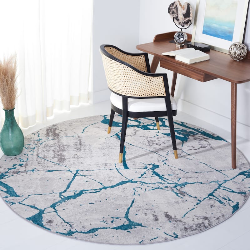 SAFAVIEH Amelia Fietje Modern Abstract Distressed Rug - 6'7" Round - Grey/Aqua