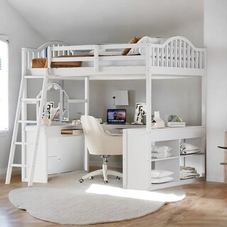 White Wooden Full Size Loft Bed with U-shaped Desk,Solid Wood Bed with Tri-fold Mirror and Shelves