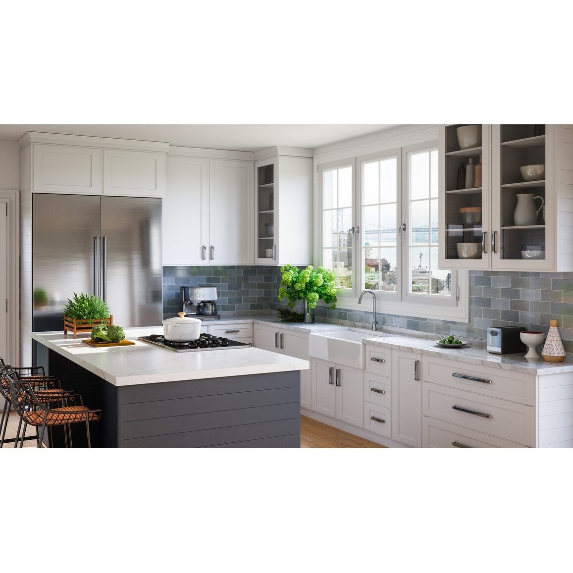 Luxury 33 inch Modern Fireclay Farmhouse Kitchen Sink, Single Bowl, White, Flat Front, includes Drain & Grid, by Fossil Blu