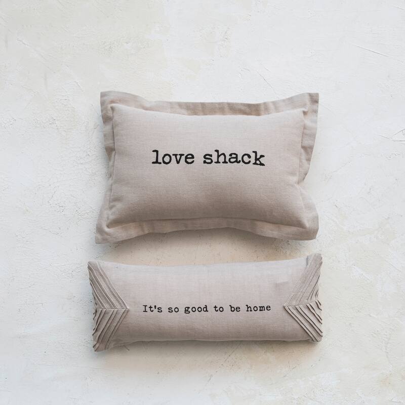 Cotton Chambray Lumbar Pillow with Pleats and "It's So Good To Be Home" Message - 16.5"L x 6.5"W x 0.3"H