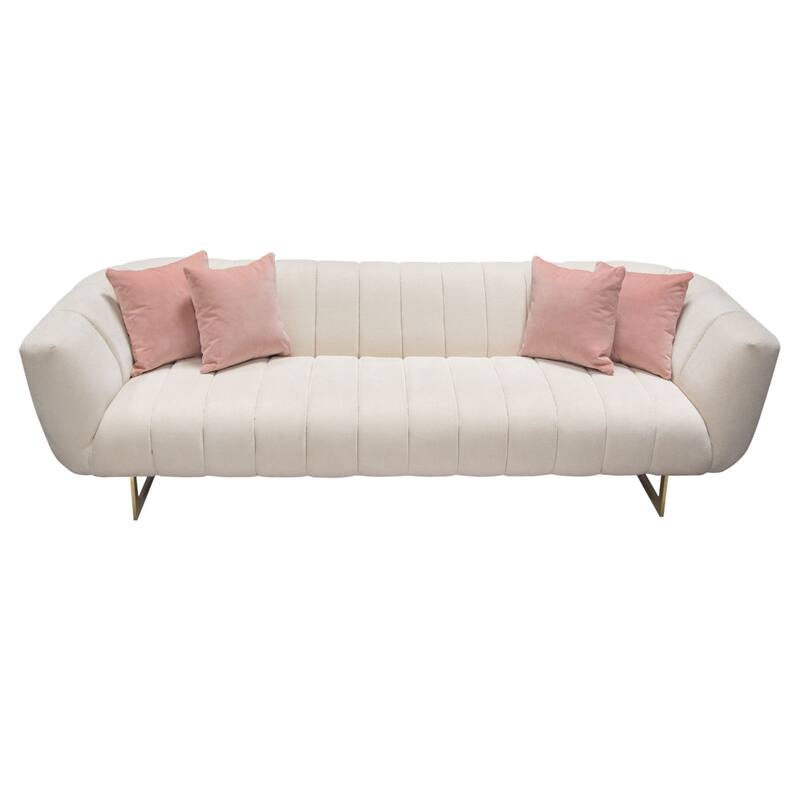 Eva Sofa with 4 Pink Accent Pillows, Cream and Gold Metal Base 98 Inch