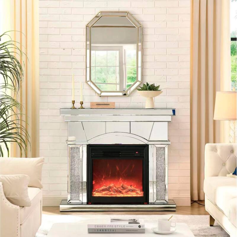 Elegant 46" Mirrored Electric Fireplace Cabinet with Acrylic Crystals, TV Stand, 3D LED Flame, Remote Control - Silver