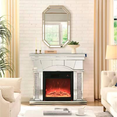 Elegant 46" Mirrored Electric Fireplace Cabinet with Acrylic Crystals, TV Stand, 3D LED Flame, Remote Control