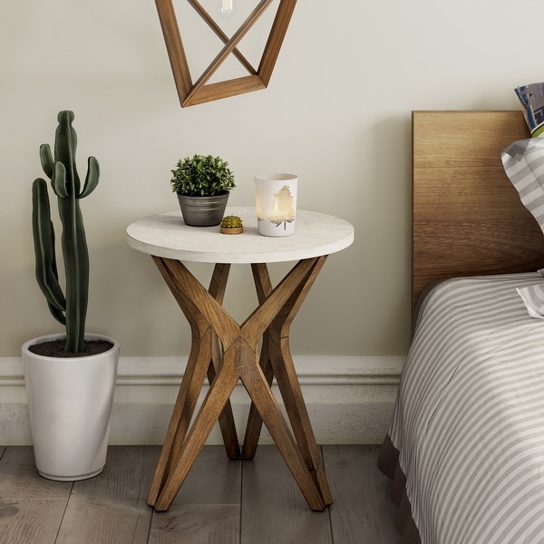 COZAYH Pedestal Farmhouse End Table Distressed White Top with