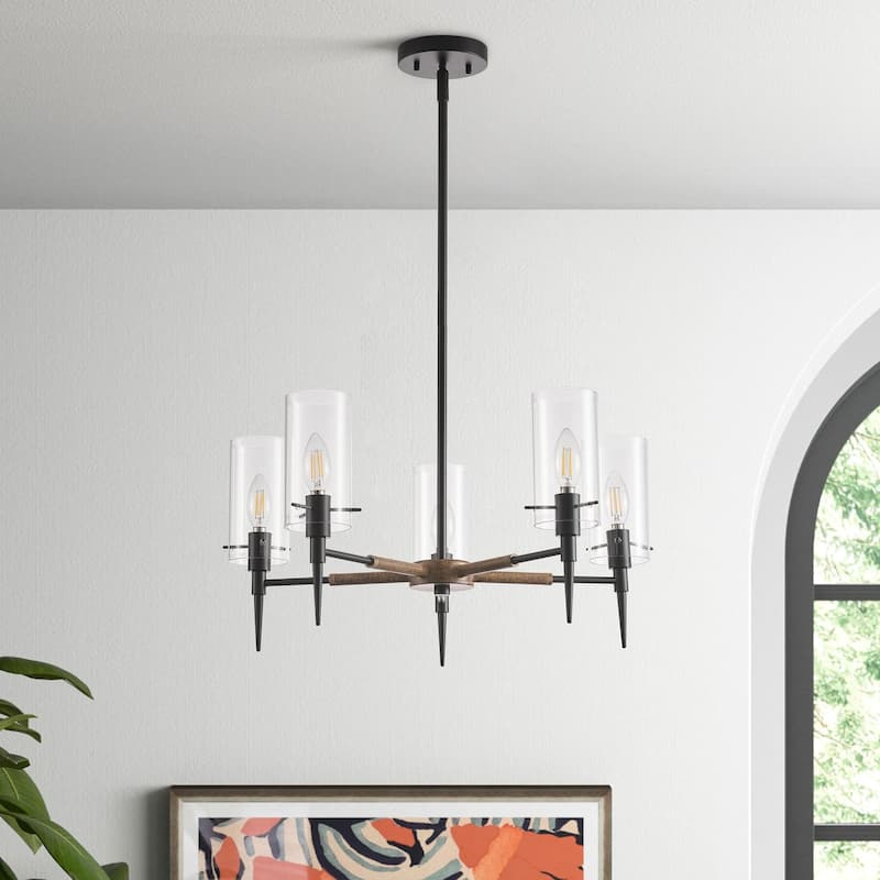 5-Lights Clear Glass Shades Candle Shape Modern Chandelier - 22.7"D×4.7"W×72"H (Adjustable)