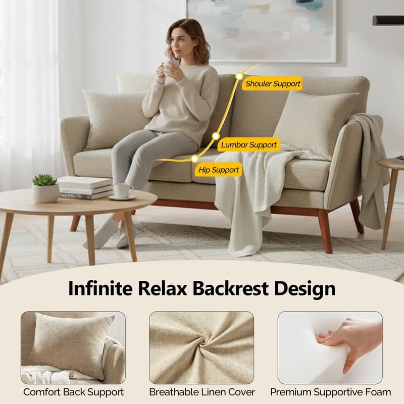Linen Blend Mid-Century Modern Small Spaces Loveseat Two-Seater Sofa With Solid Wood Base