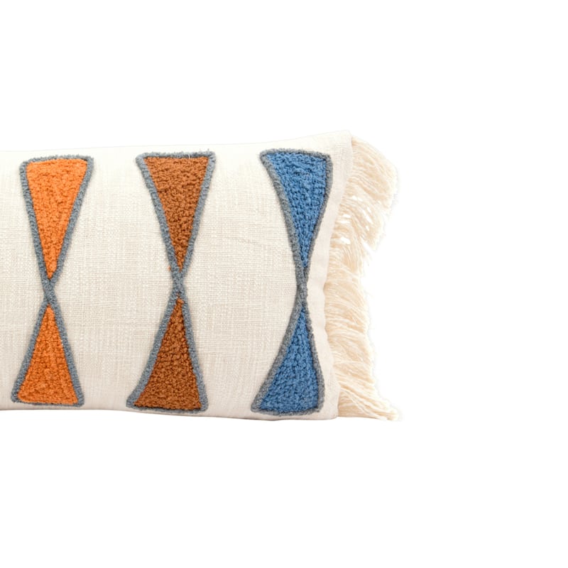 Cotton Lumbar Pillow with Embroidery and Fringe
