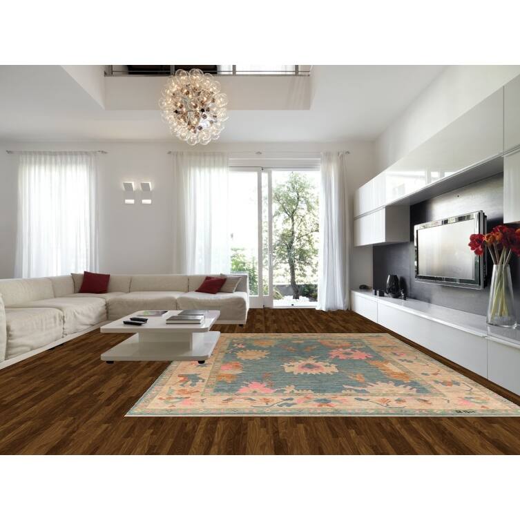 Vegetable Dye Blue Oushak Turkish Large Rug Hand-Knotted Wool Carpet - 10'5" x 14'0"
