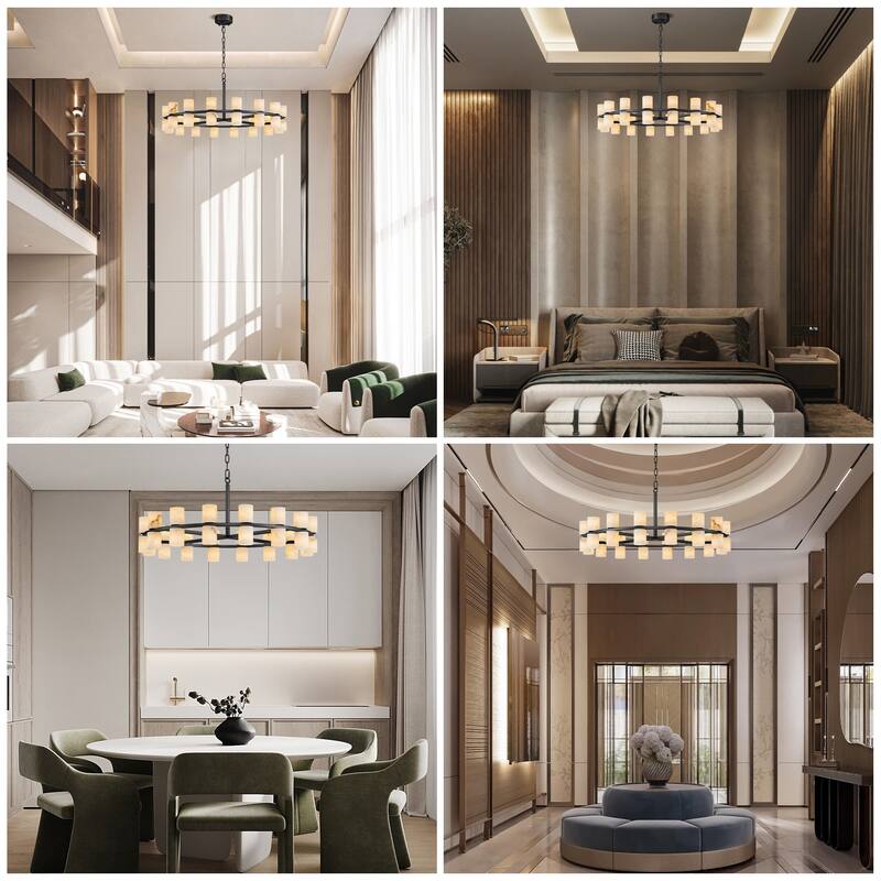 Modern Alabaster Glass Chandelier, Round or Linear Pendant Light with Up & Down Shades, D600-L1370, Copper or Black Finish