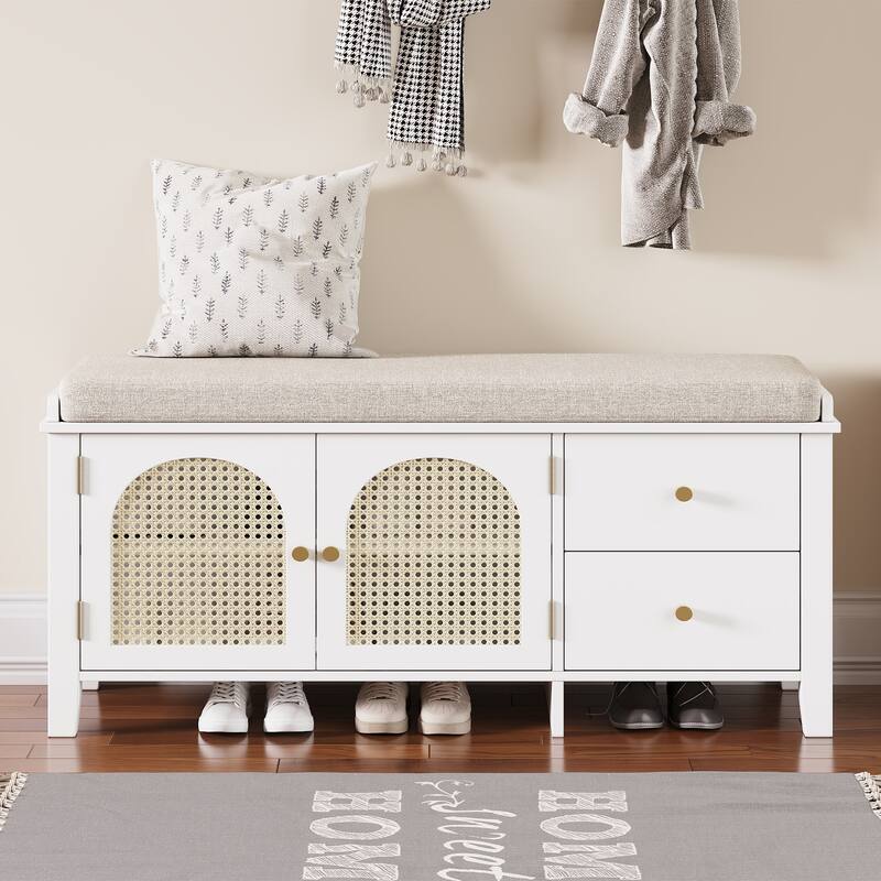 Storage Entryway Bench Wooden Shoe Bench with 2 Drawers, 2 Rattan Door & Removable Cushion for Living Room Entryway Hallway