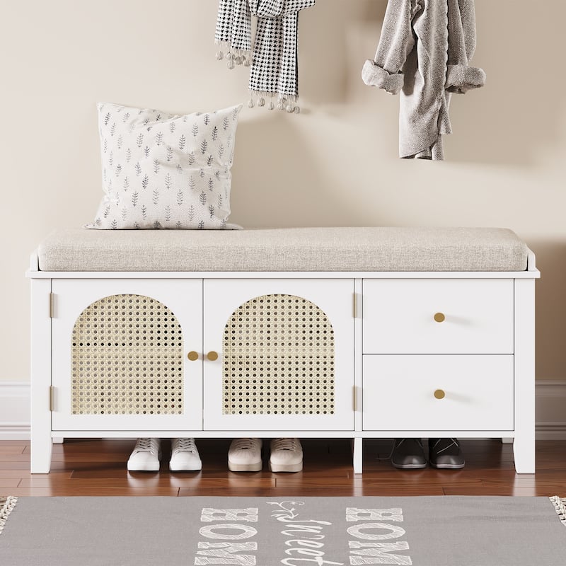 Wood Frame Bench with Shoe Storage, Shoe Bench with Rattan Arched Door and 2 Drawers Entryway Fabric Upholstered Bench