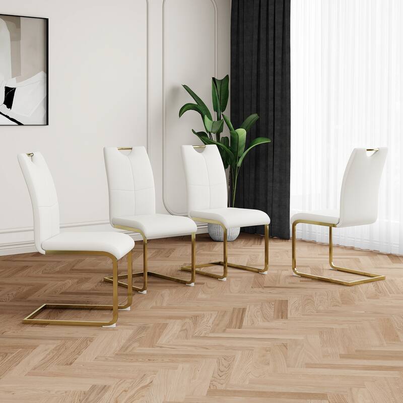 Modern Set of 4 Dining Chairs with Leather Cushioned Seat, Chrome Metal Legs, for Dining Room, Living Room, and Bedroom