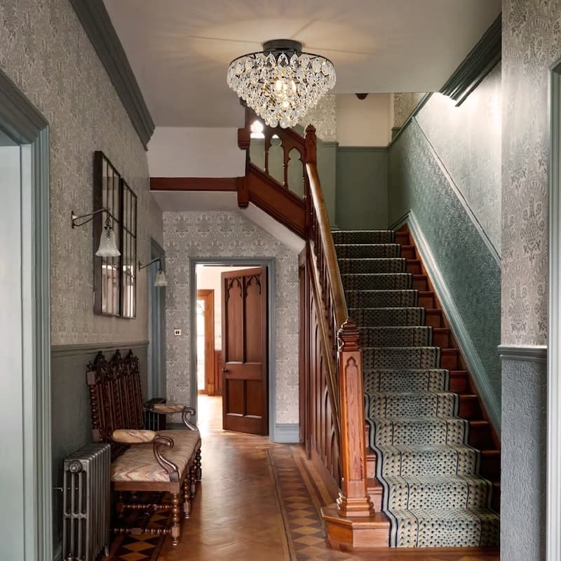 Vintage Glam Tiered Round Crystal Semi Flush Ceiling Light 12.6in - Black