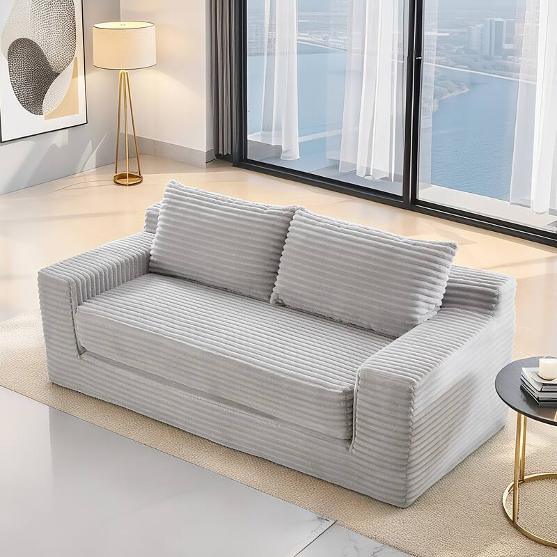 Convertible Loveseat Sofa Bed with Memory Foam, No Assembly Small Couch, Corduroy Upholstered 2-in-1 Sofa for Small Spaces - Light Grey