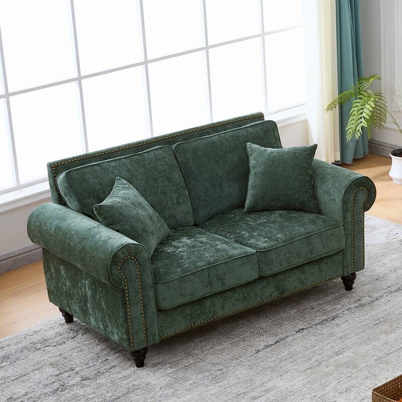 Modern Rolled Arm Chenille Sofa, 2-Seater Green Couch with Nailhead Trim, for Living and Room Apartment