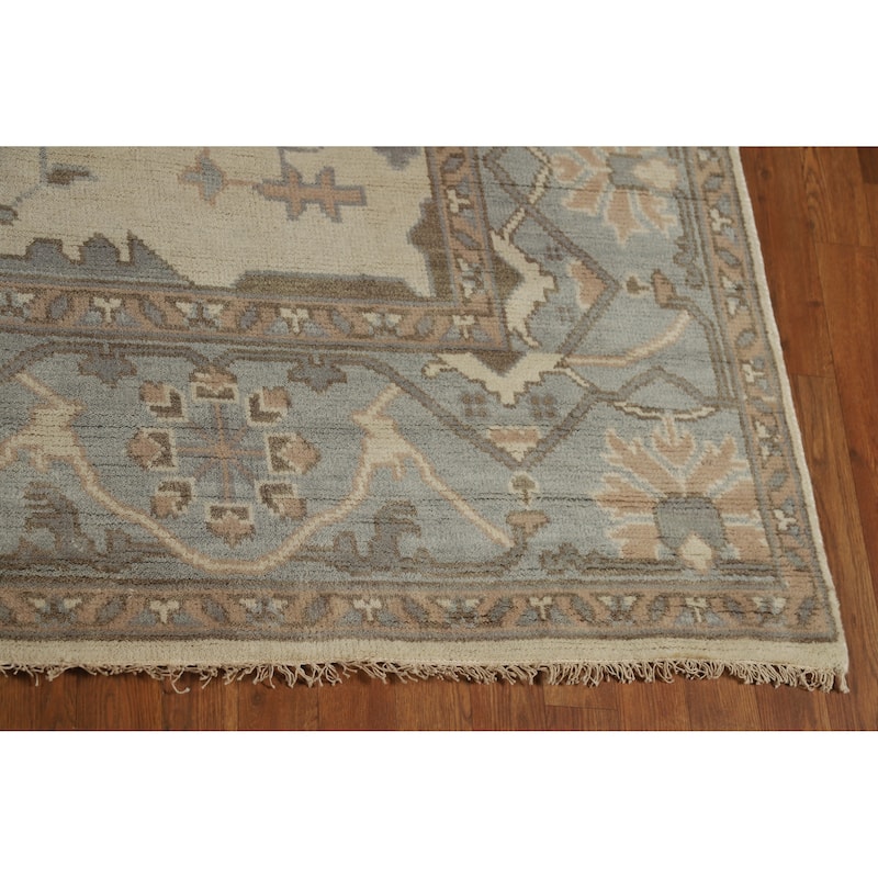 Beige Floral Oushak Indian Area Rug Hand-Knotted Wool Carpet - 8'1" x 9'10"