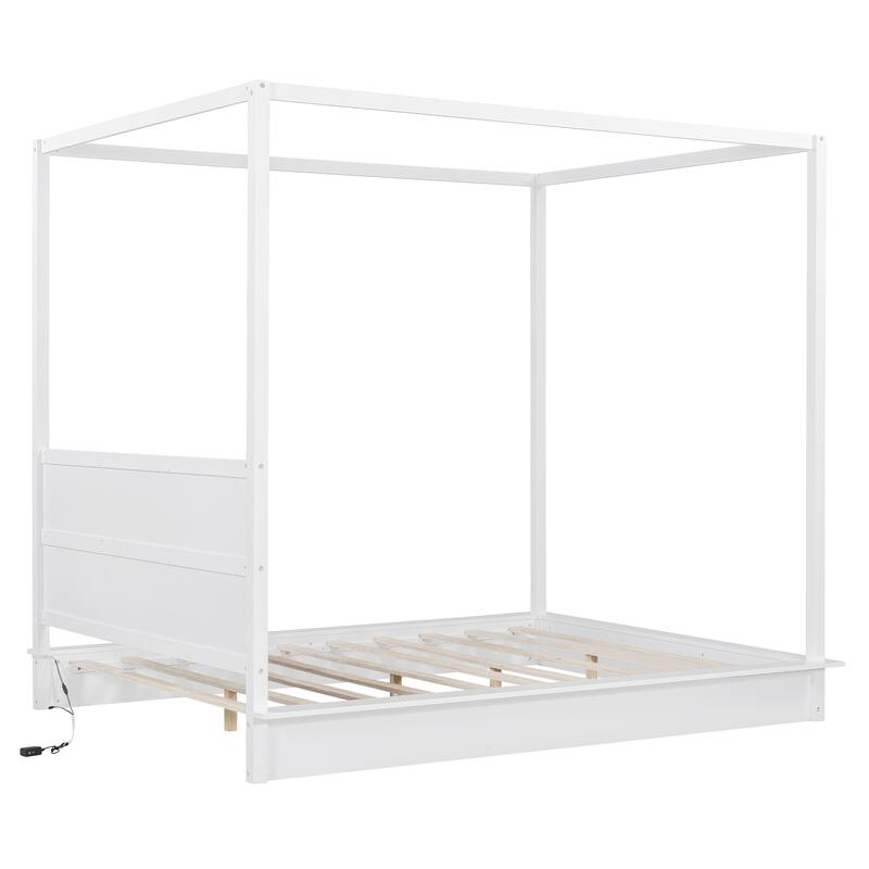 Queen Size Solid Wood LED Canopy Bed with 4-Post Frame and Headboard, Modern Floor Bed, Wooden Canopy Bed Frame for Bedroom
