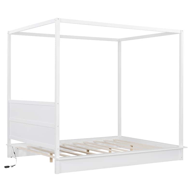Wooden Canopy Bed Platform Bed Frame Mattress Foundation with LED Light Strips, Slat Support, No Box Spring Needed, White